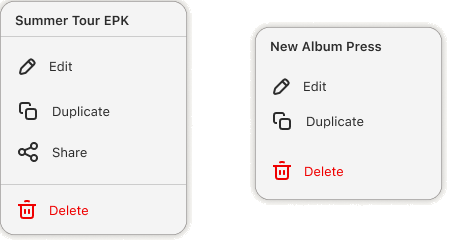 PRESSD Context menu: the EPK action sheet with edit, duplicate, share, and delete