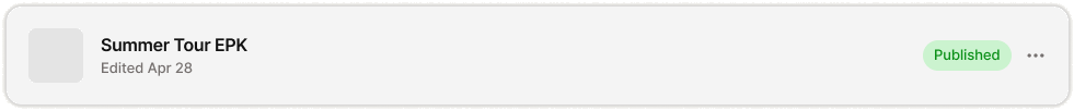 PRESSD EPK card: a press kit list item with thumbnail, title, edited date, and published badge