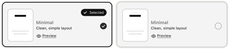 PRESSD Template card: the selection tile in selected and unselected states