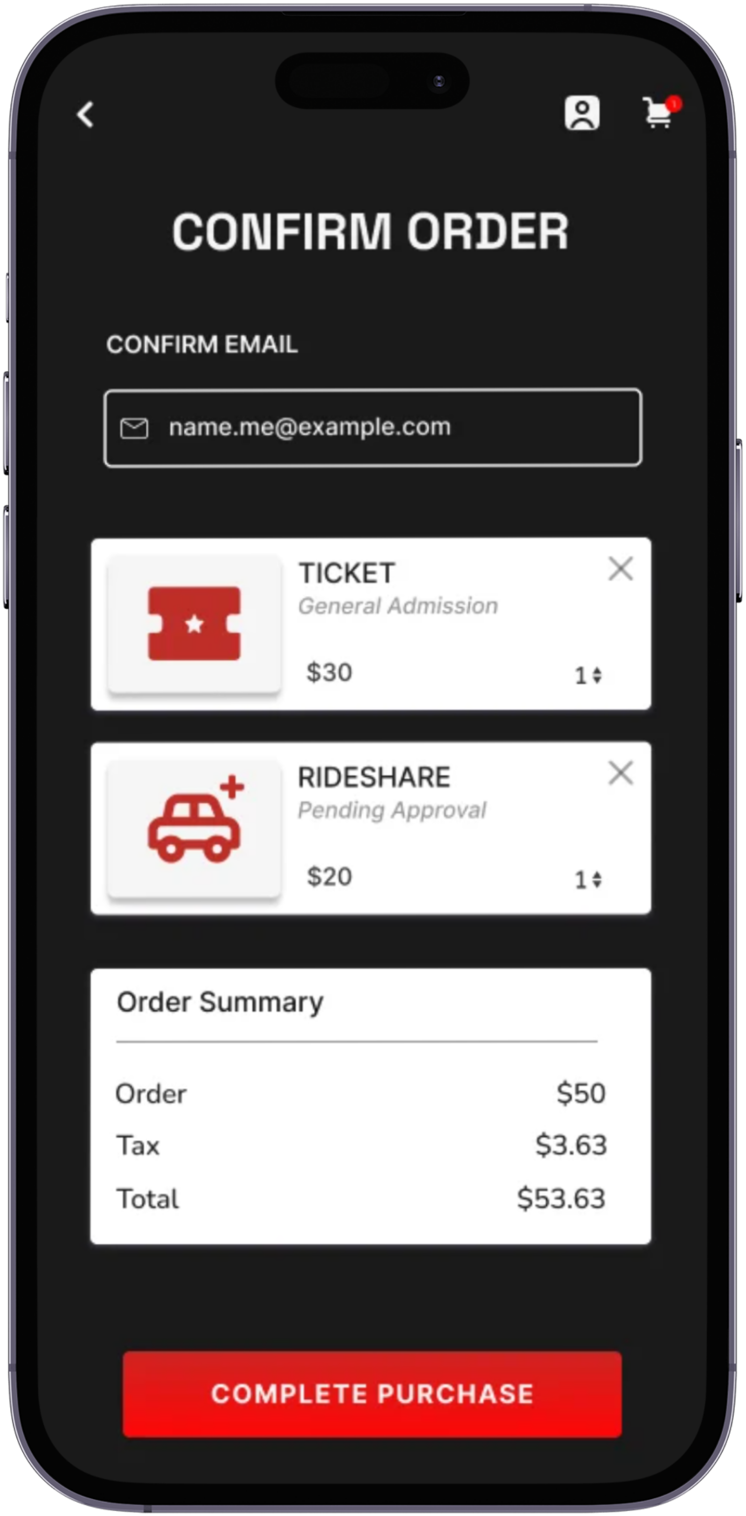 EVENTSCAPE confirm order: the ticket and rideshare in one cart with an order summary and complete purchase