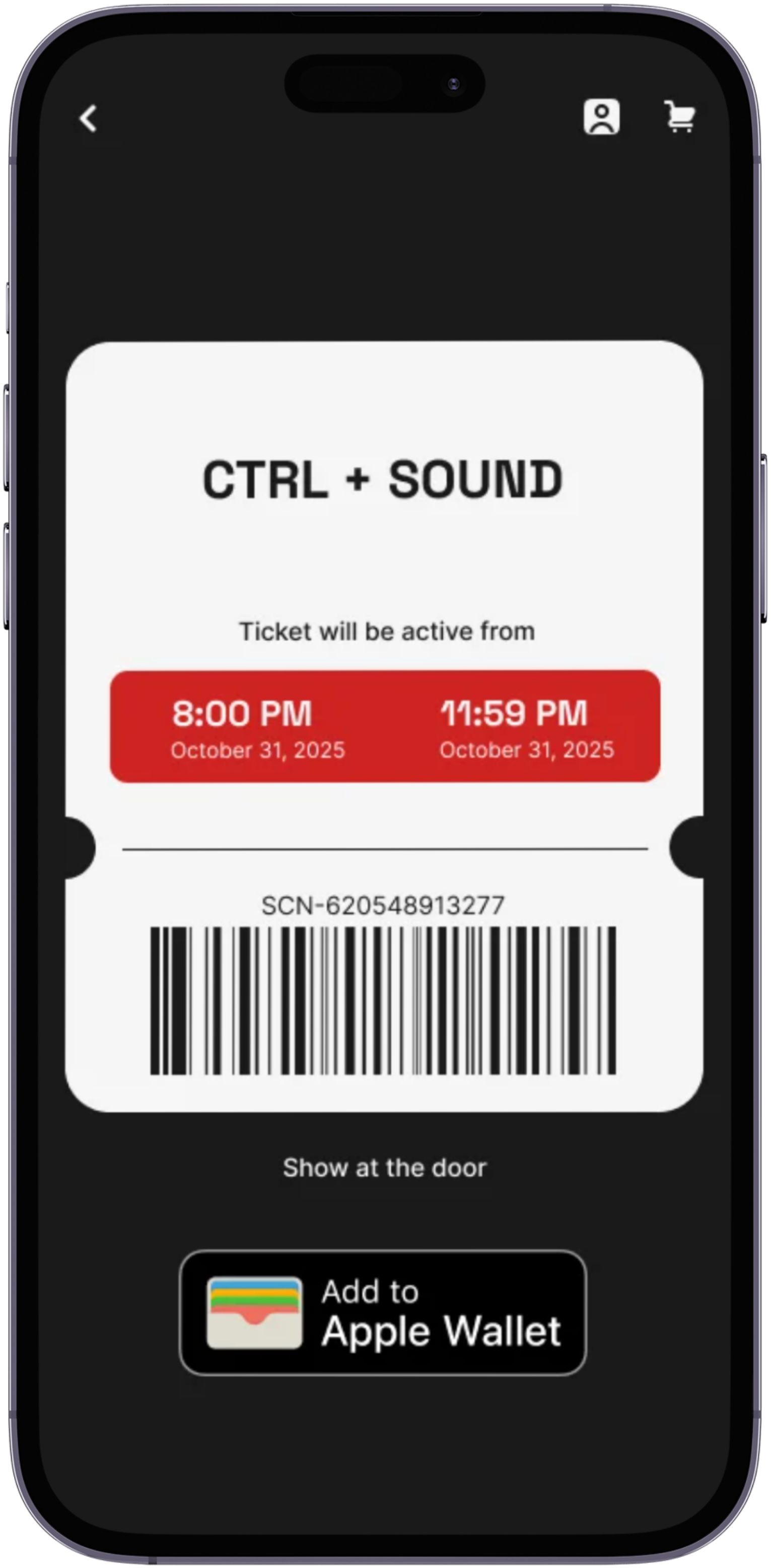EVENTSCAPE Ctrl + Sound ticket: the event name, the active window from 8:00 PM to 11:59 PM on October 31, a scannable barcode, and an Add to Apple Wallet button