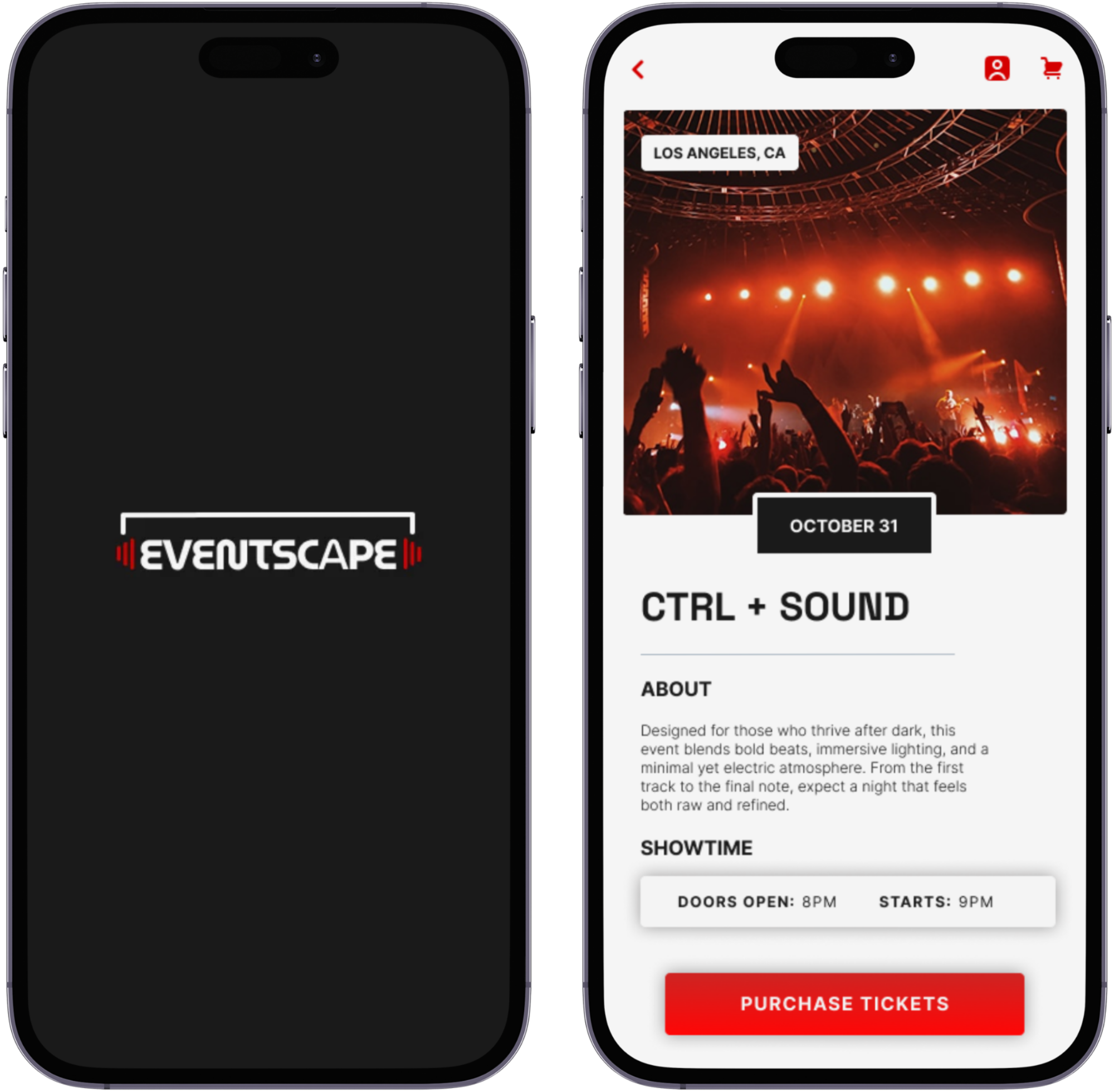 EVENTSCAPE: splash and event detail screens shown on two phones