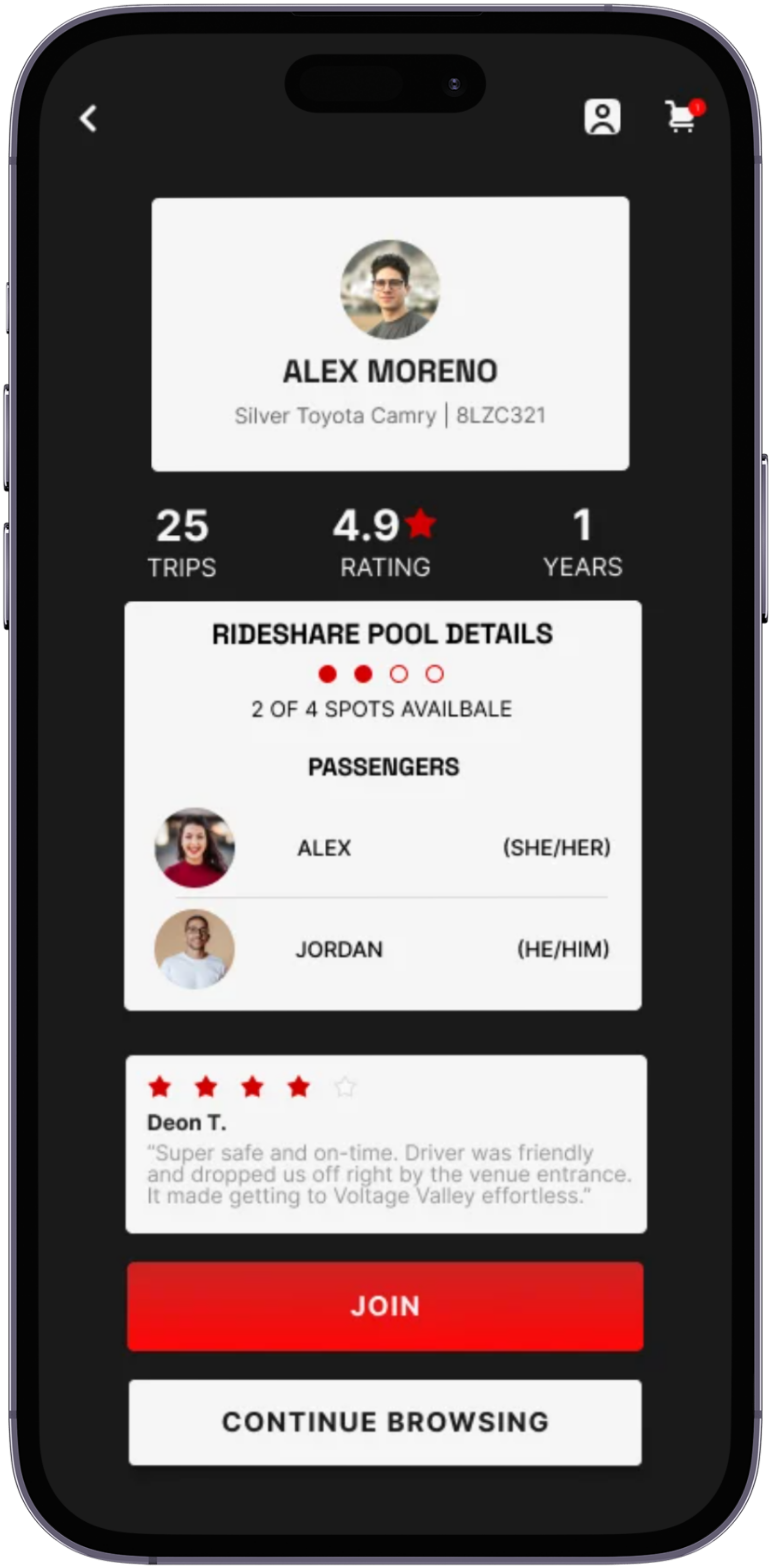 EVENTSCAPE driver detail screen: the driver's vehicle and plate, trips, rating and years driving, remaining pool spots with current passengers, a rider review, and join or continue browsing actions