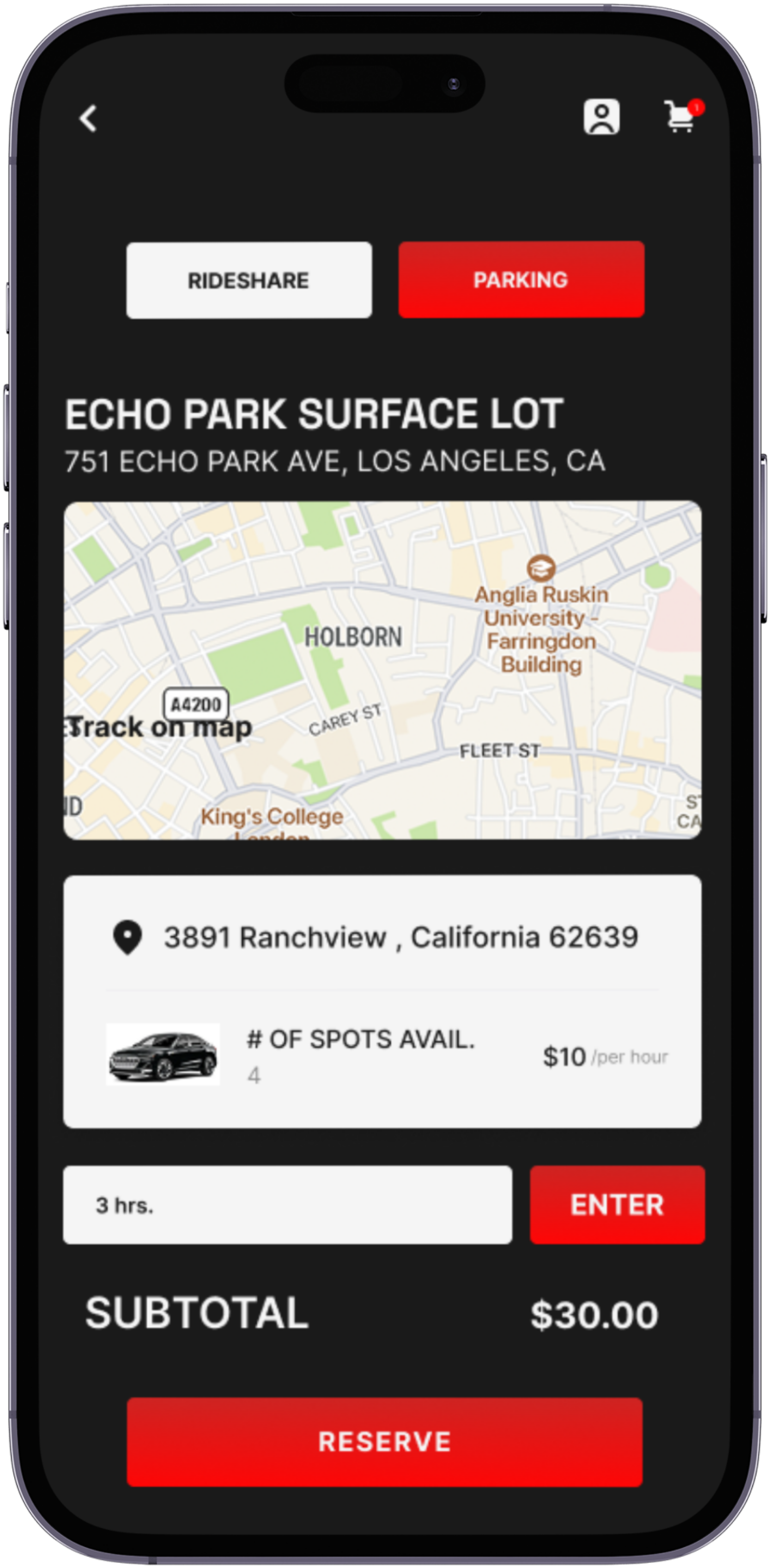 EVENTSCAPE parking: Echo Park surface lot on a map, spots available, hourly rate, duration, and reserve