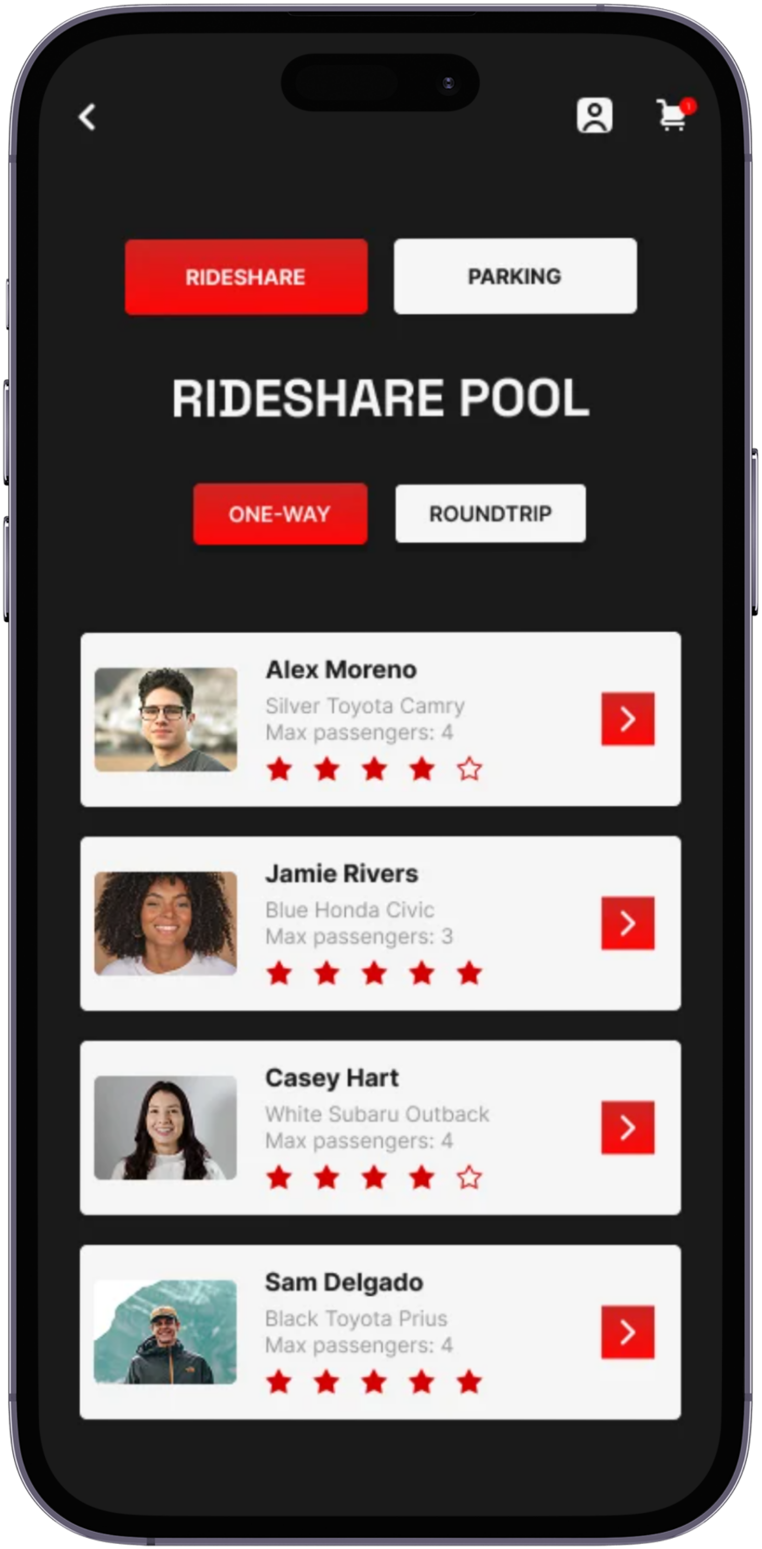 EVENTSCAPE rideshare pool screen: a rideshare and parking toggle, one-way and roundtrip options, and a list of drivers with their vehicle, passenger capacity, and rating