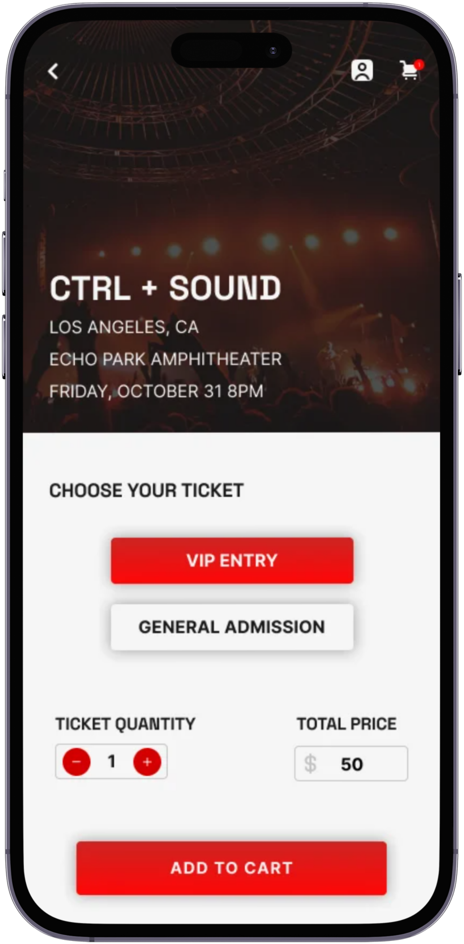 EVENTSCAPE ticket page for Ctrl + Sound at Echo Park Amphitheater: VIP entry and general admission options, a quantity stepper, the total price, and an add to cart button