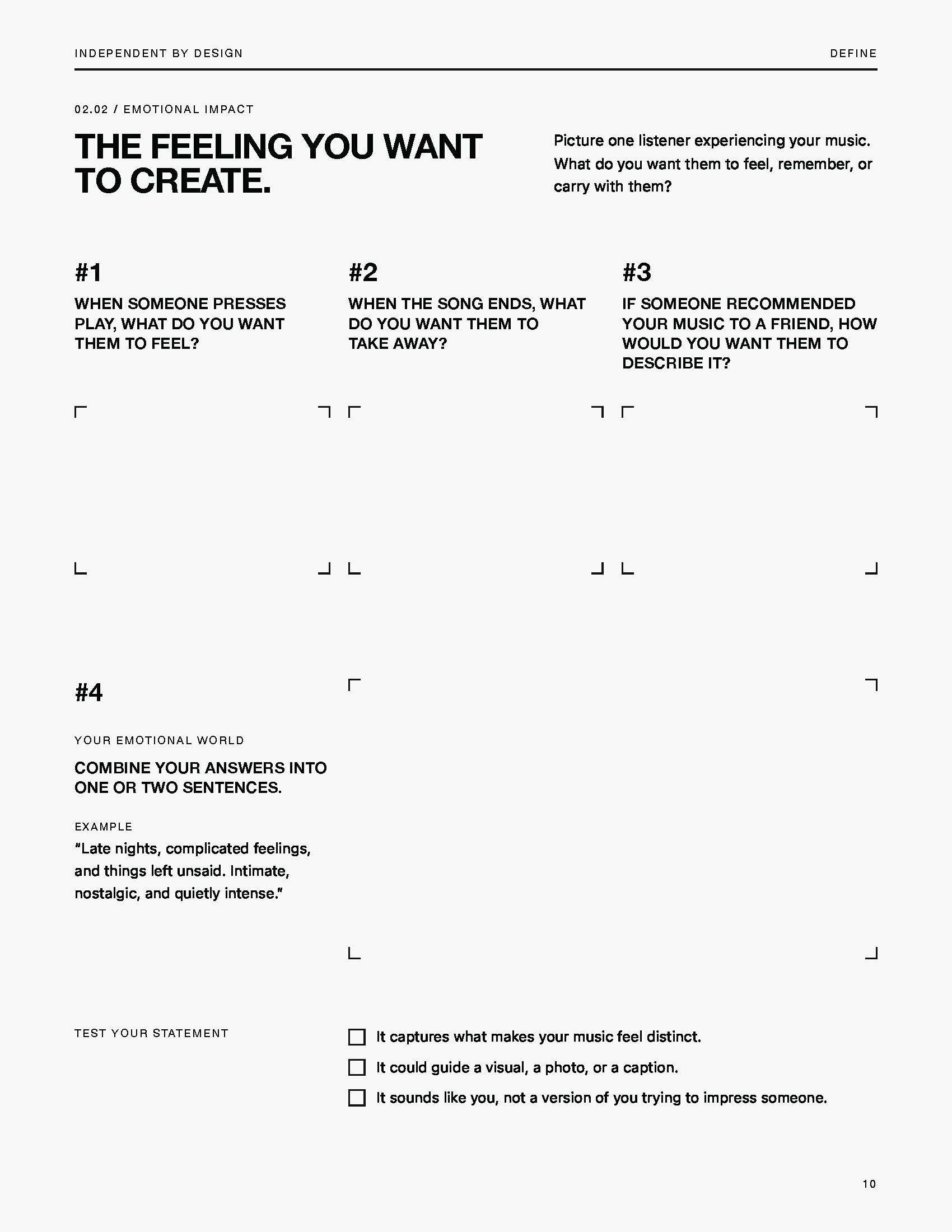 Workbook page 02.02, Emotional Impact: four prompts about how listeners should feel, with a statement checklist