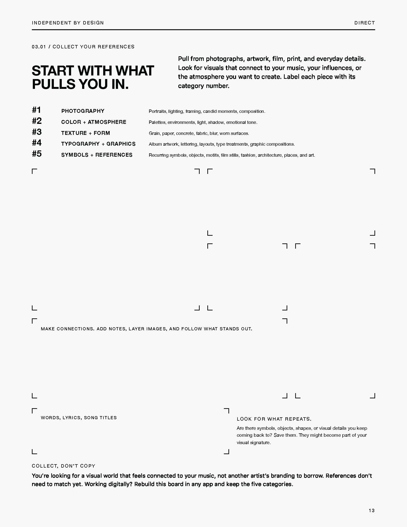 Workbook page 03.01, Collect Your References: a reference board with five categories and corner-marker response areas