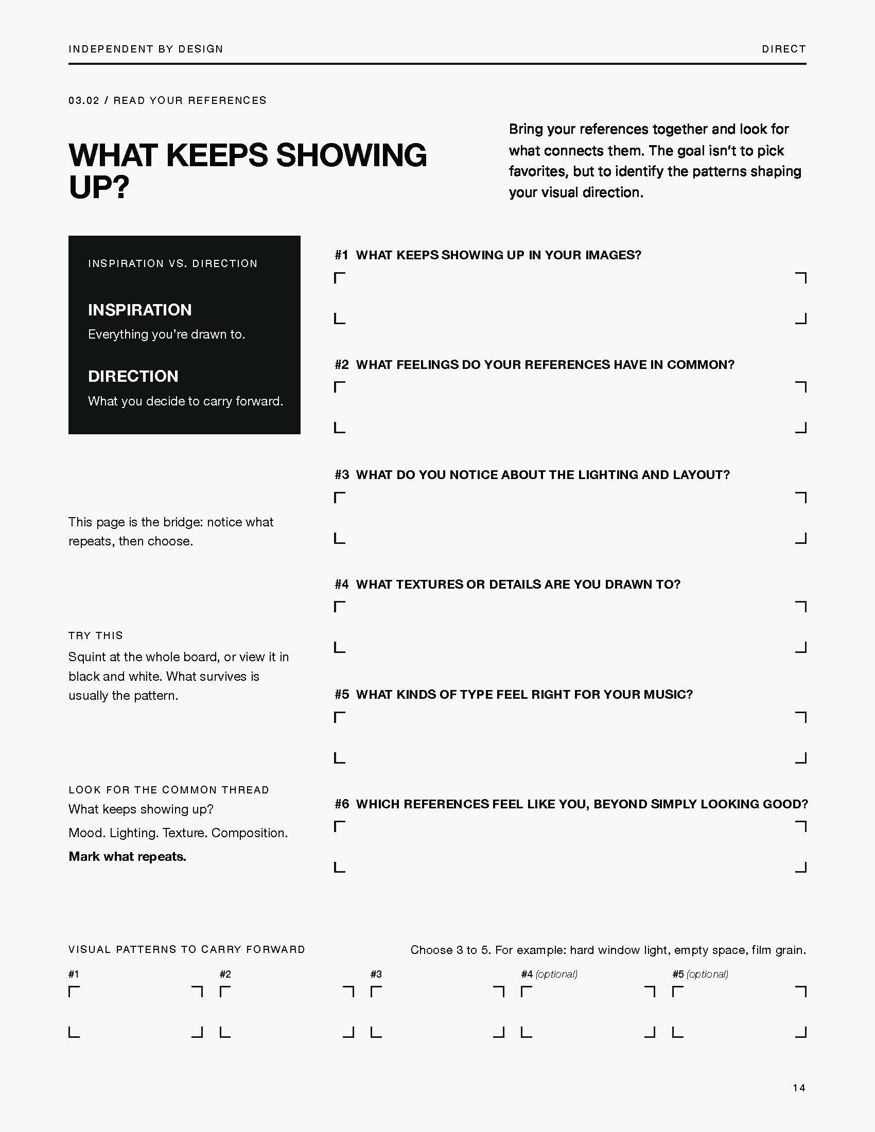 Workbook page 03.02, Read Your References: six prompts for spotting patterns, beside a dark Inspiration vs. Direction panel