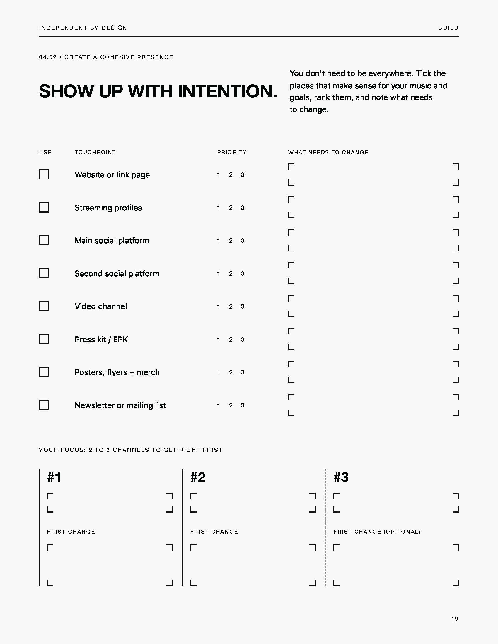 Workbook page 04.02, Create a Cohesive Presence: a touchpoint checklist with priority ranking and focus channels