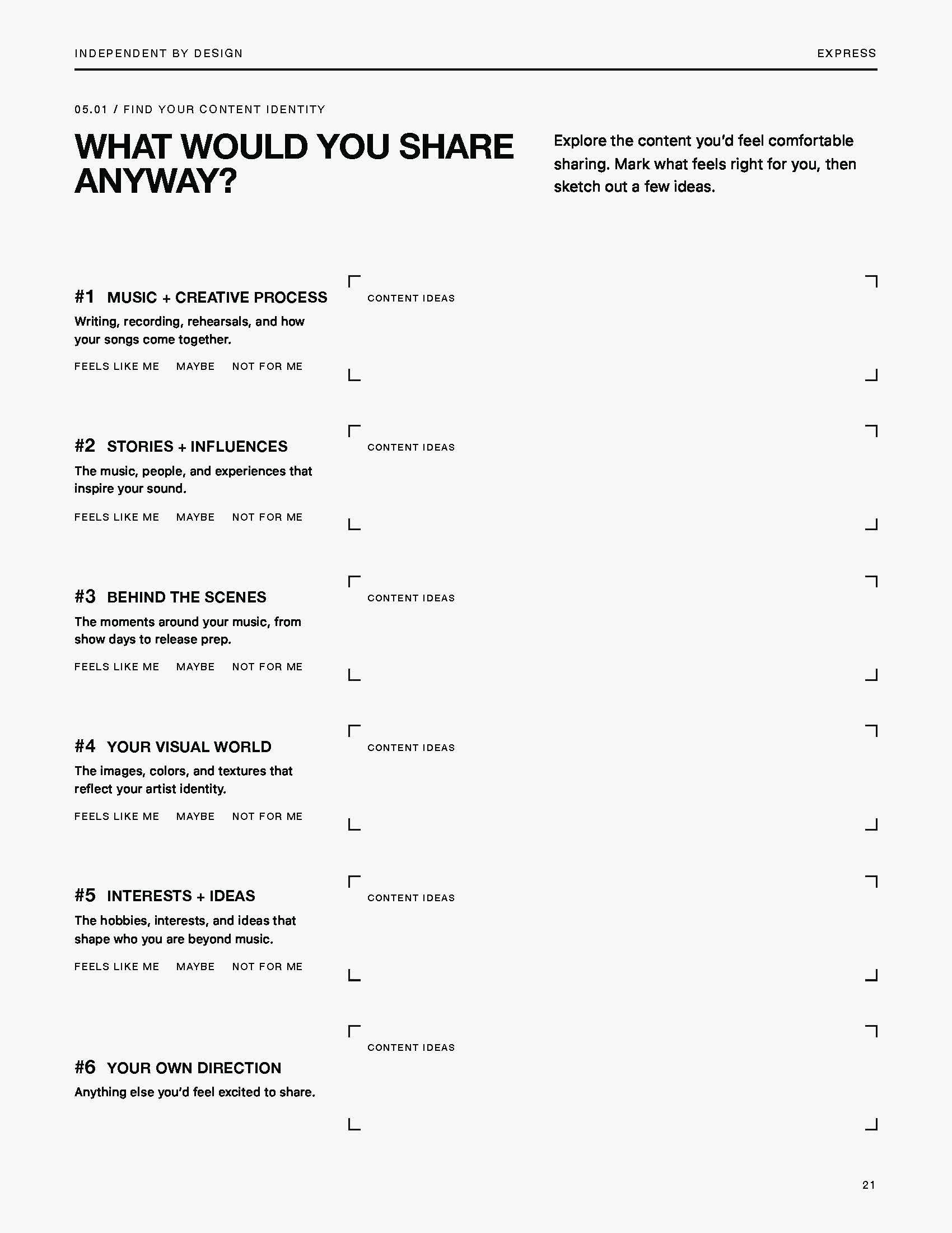 Workbook page 05.01, Find Your Content Identity: six content themes, each rated and paired with space for ideas
