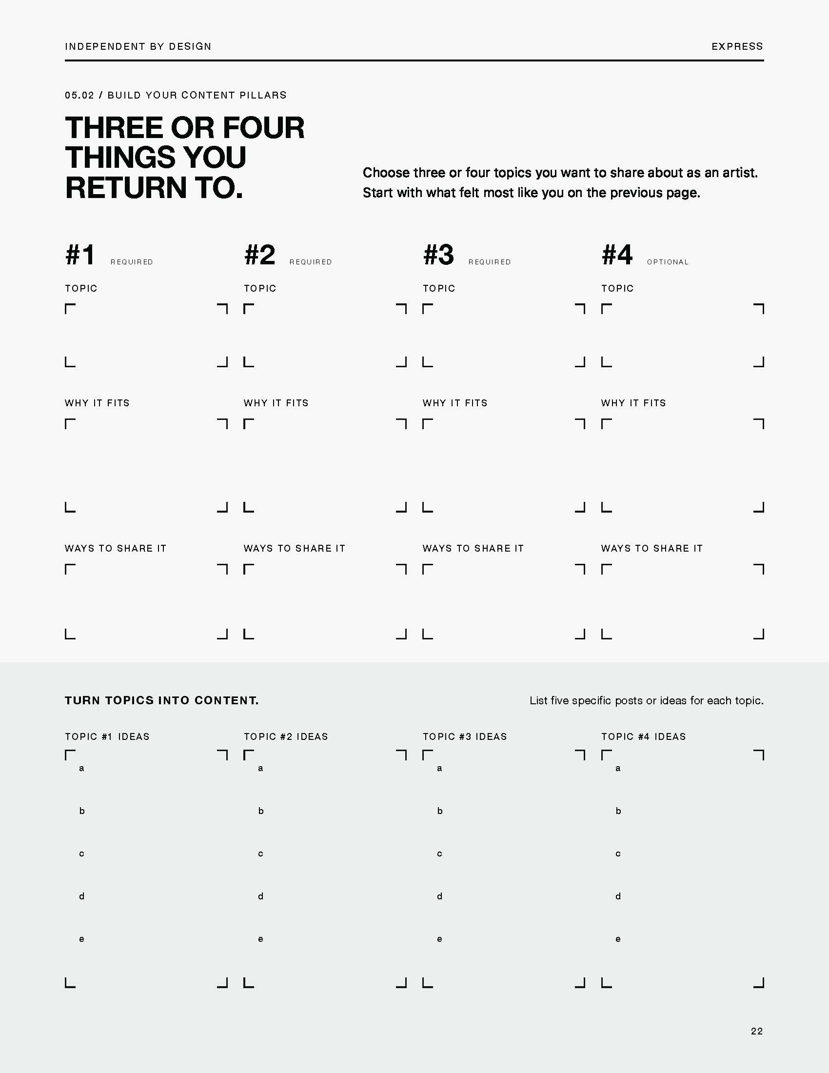 Workbook page 05.02, Build Your Content Pillars: four topic columns with space for why each fits and ways to share it