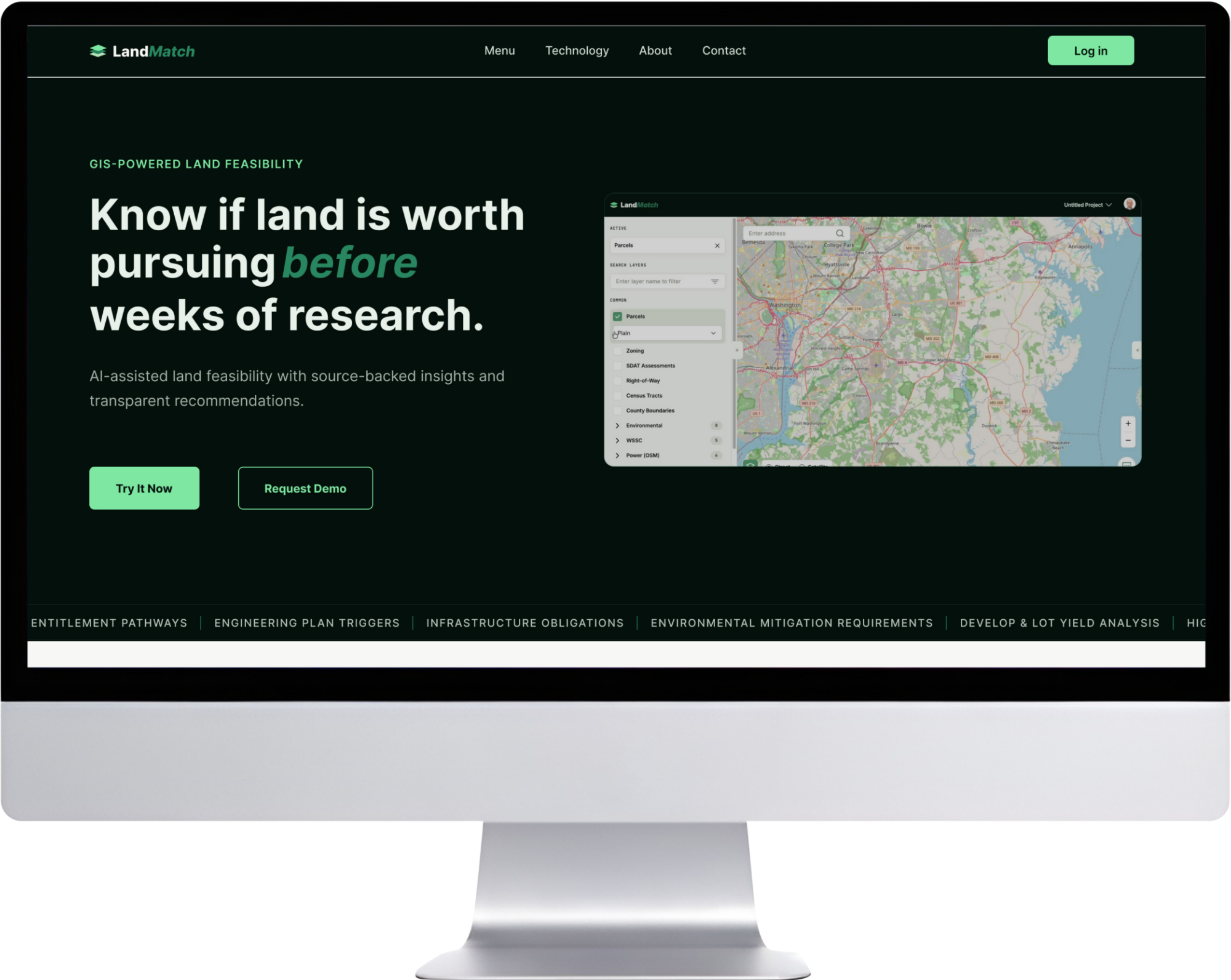 LandMatch: homepage hero shown on a desktop display