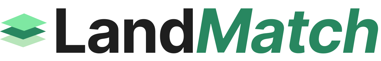 LandMatch logo: a stacked three-layer mark beside the wordmark, with Land set in dark ink and Match in jade italic
