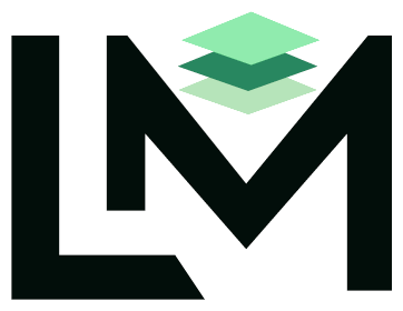 LandMatch alternate logomark: the LM monogram with the three-layer mark stacked above the join