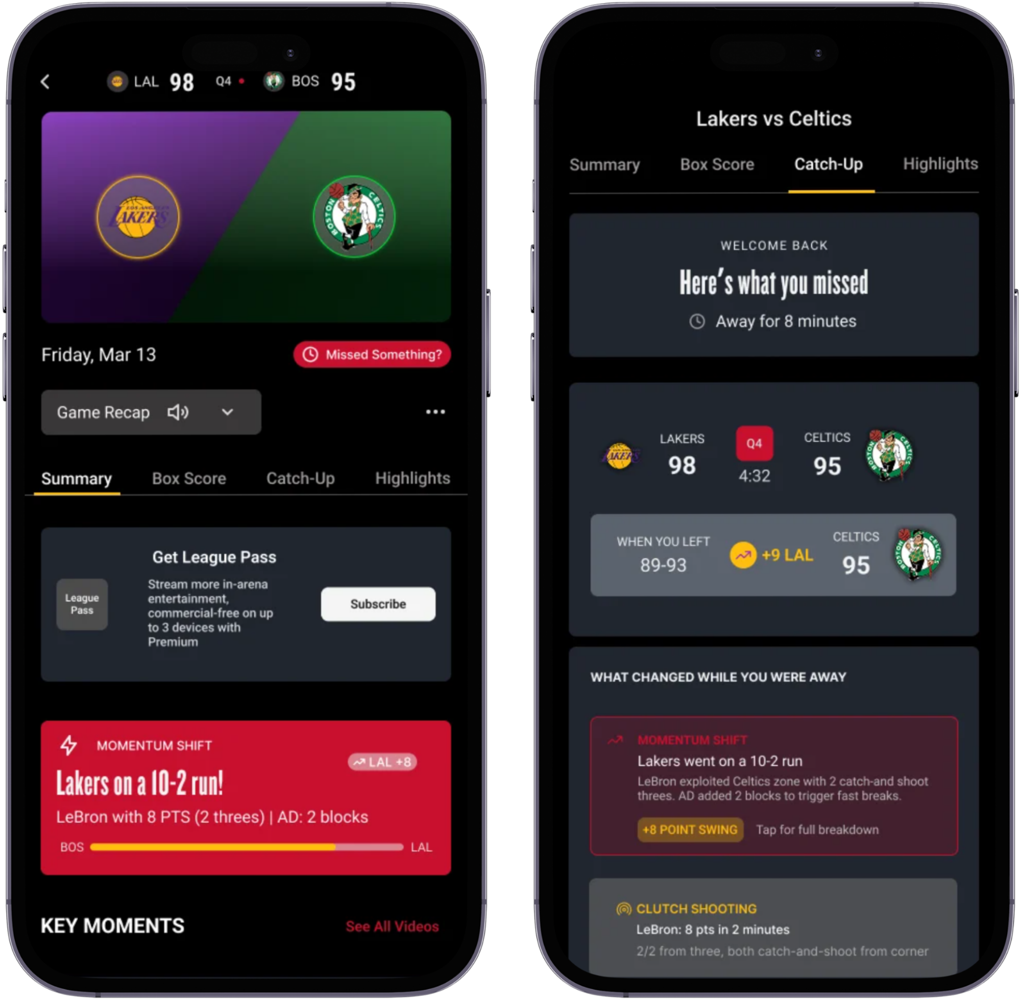 NBA Game Story: live game summary and catch-up screens shown on two phones