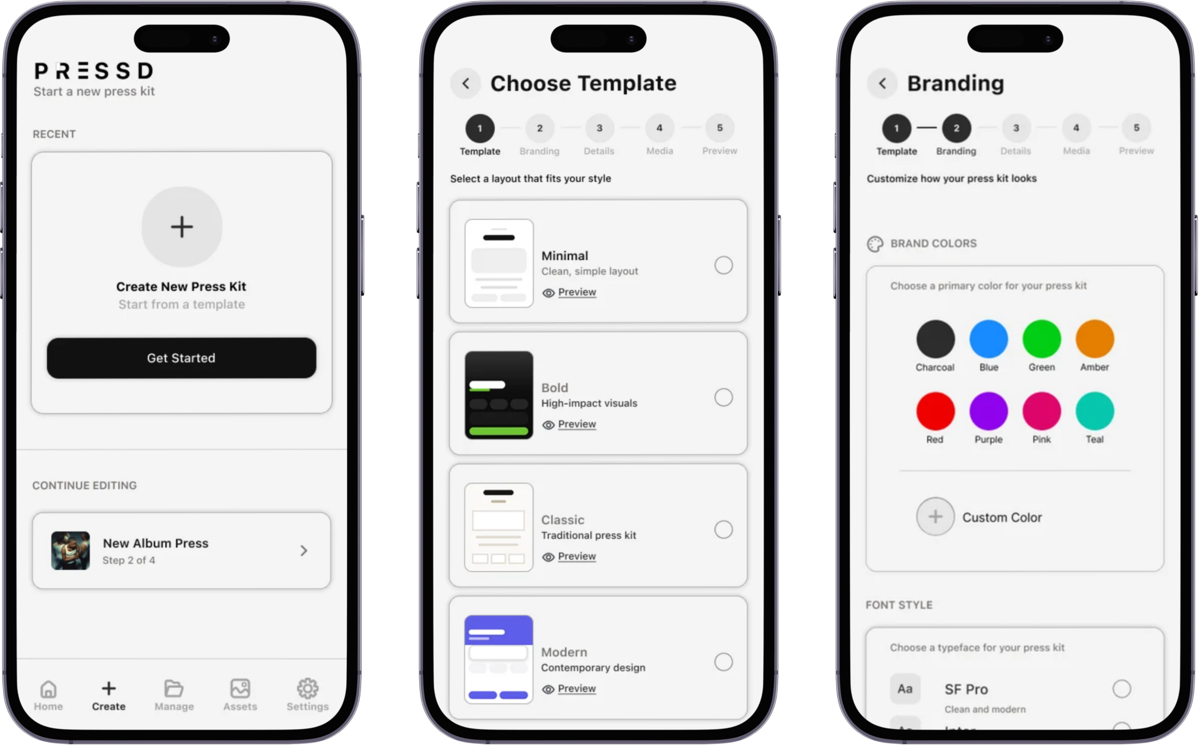 PRESSD guided creation, part one: the Create tab with Create New Press Kit and a Continue Editing entry, the Choose Template step showing Minimal, Bold, Classic, and Modern layouts, and the Branding step with brand color swatches and font style options