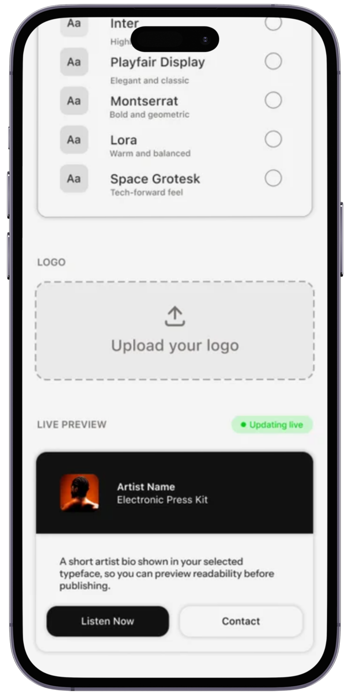 PRESSD Branding step continued: typeface options including Inter, Playfair Display, Montserrat, Lora, and Space Grotesk, a logo upload area, and a live preview of the press kit updating as choices are made