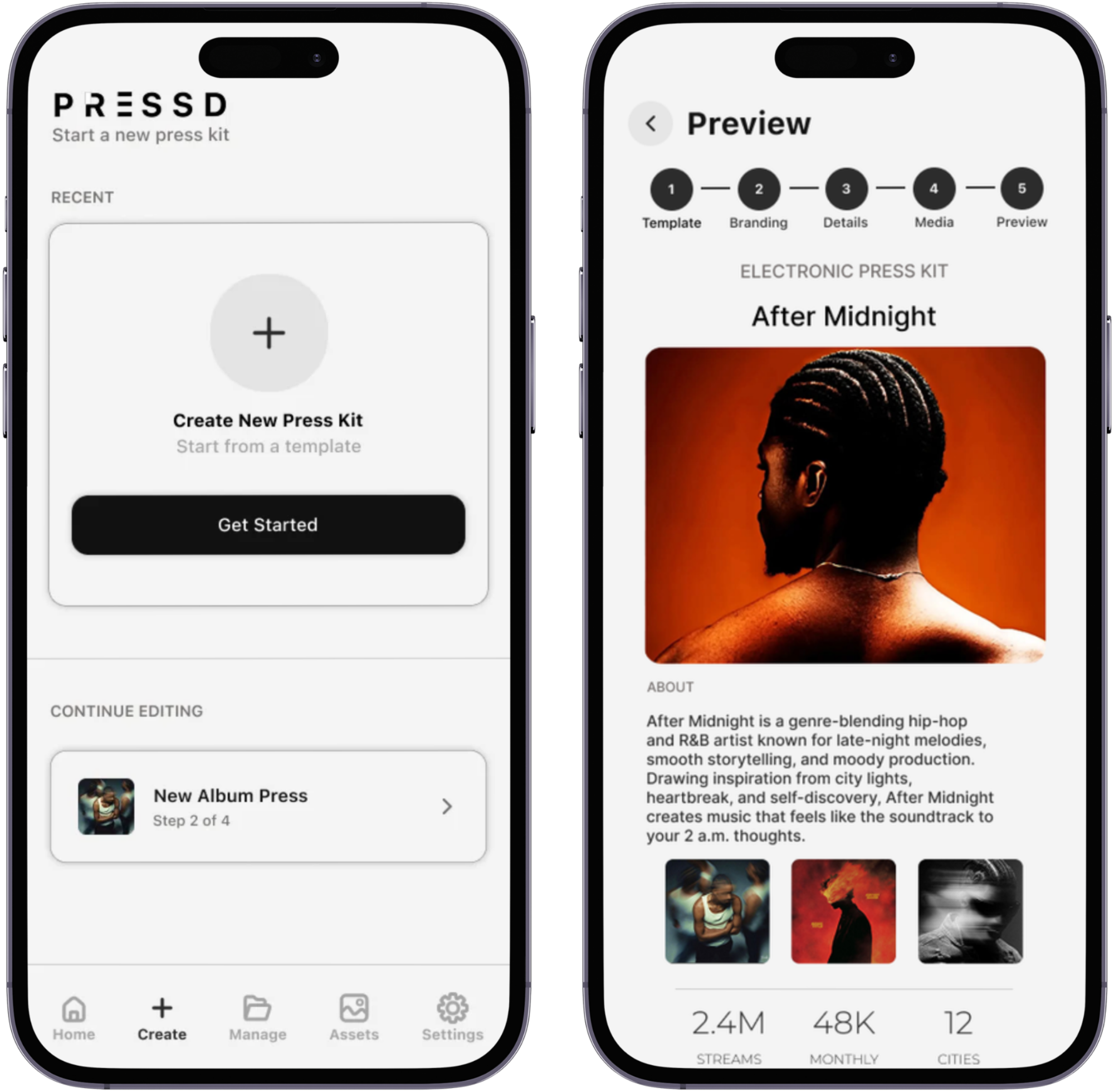 PRESSD: press kit dashboard and preview screens shown on two phones