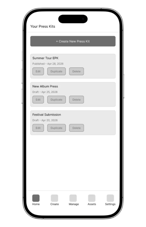 PRESSD lo-fi wireframe: Your Press Kits dashboard listing saved kits with published and draft states, edit, duplicate and delete actions, and a bottom navigation bar
