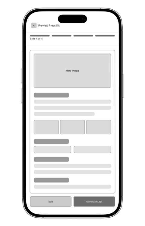 PRESSD lo-fi wireframe: the press kit preview at step 4 of 4 showing the assembled layout with edit and generate link actions