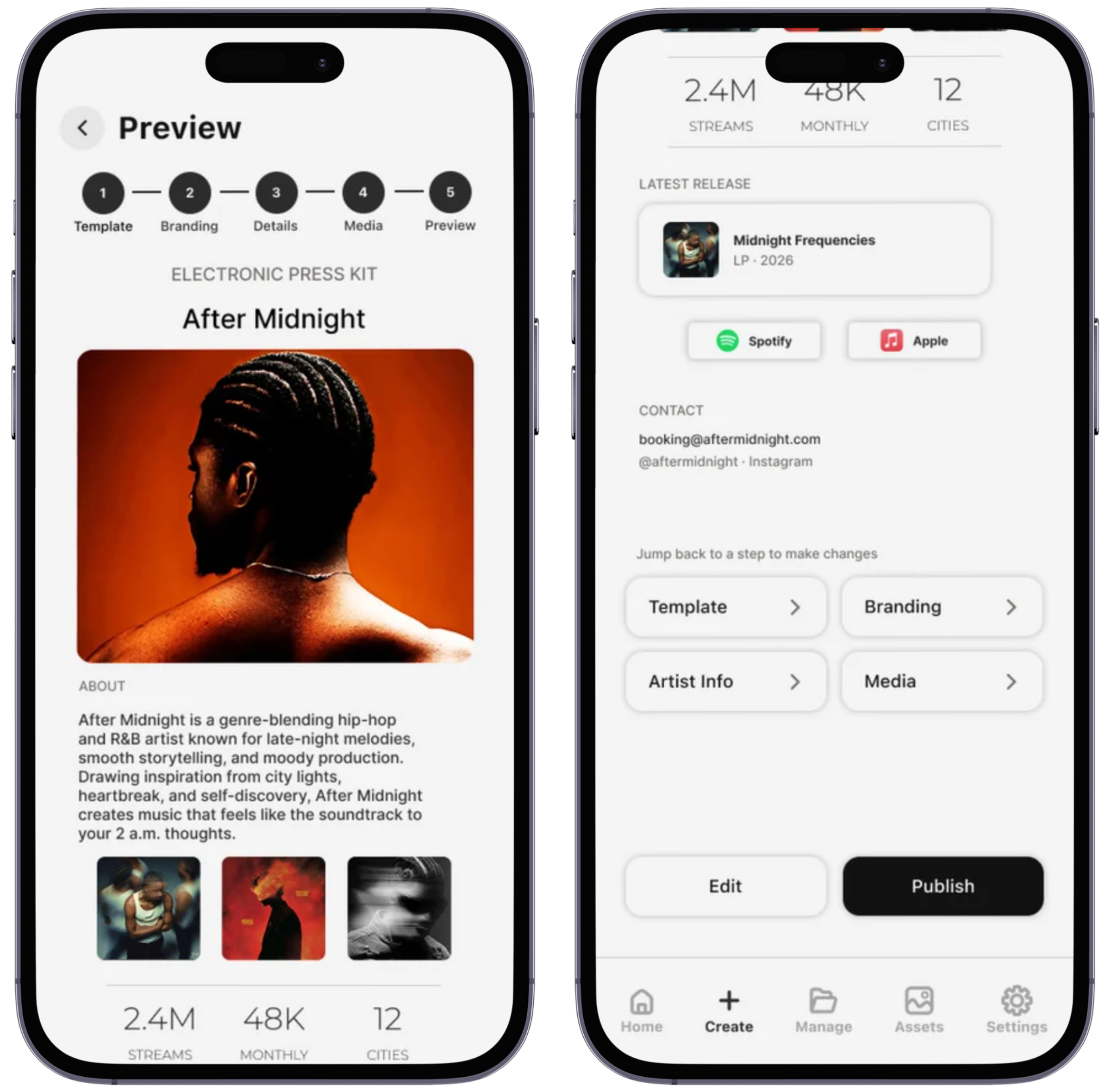 PRESSD Preview and publish: the finished After Midnight press kit with cover image, artist bio, gallery, and streaming stats, and the publish screen with latest release, streaming links, contact details, jump-back-to-step shortcuts, and Edit and Publish actions