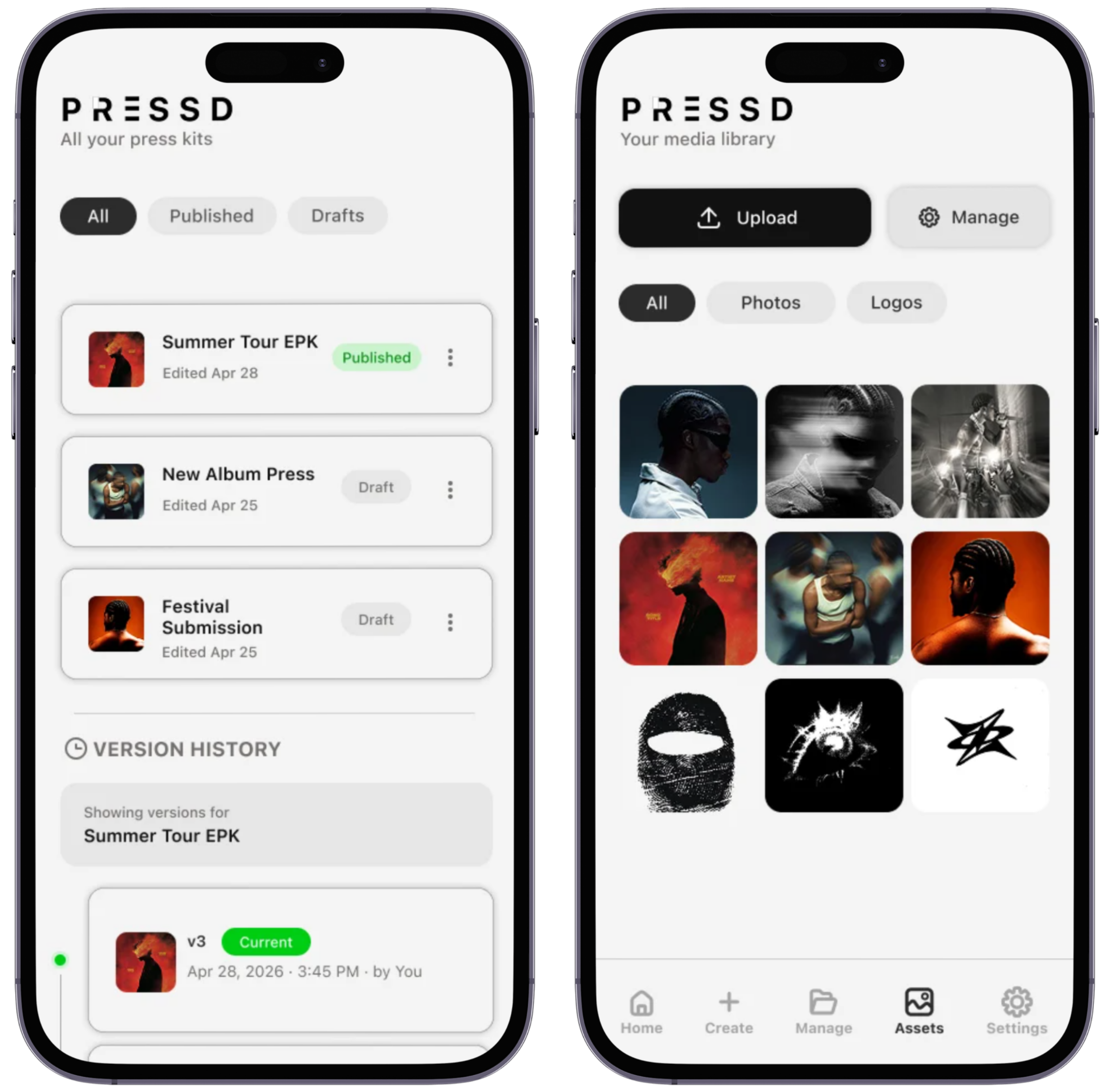 PRESSD Manage Press Kits and Assets: a list of press kits filtered by All, Published, and Drafts with version history for the selected kit, and the media library with upload and manage actions over a grid of photos and logos