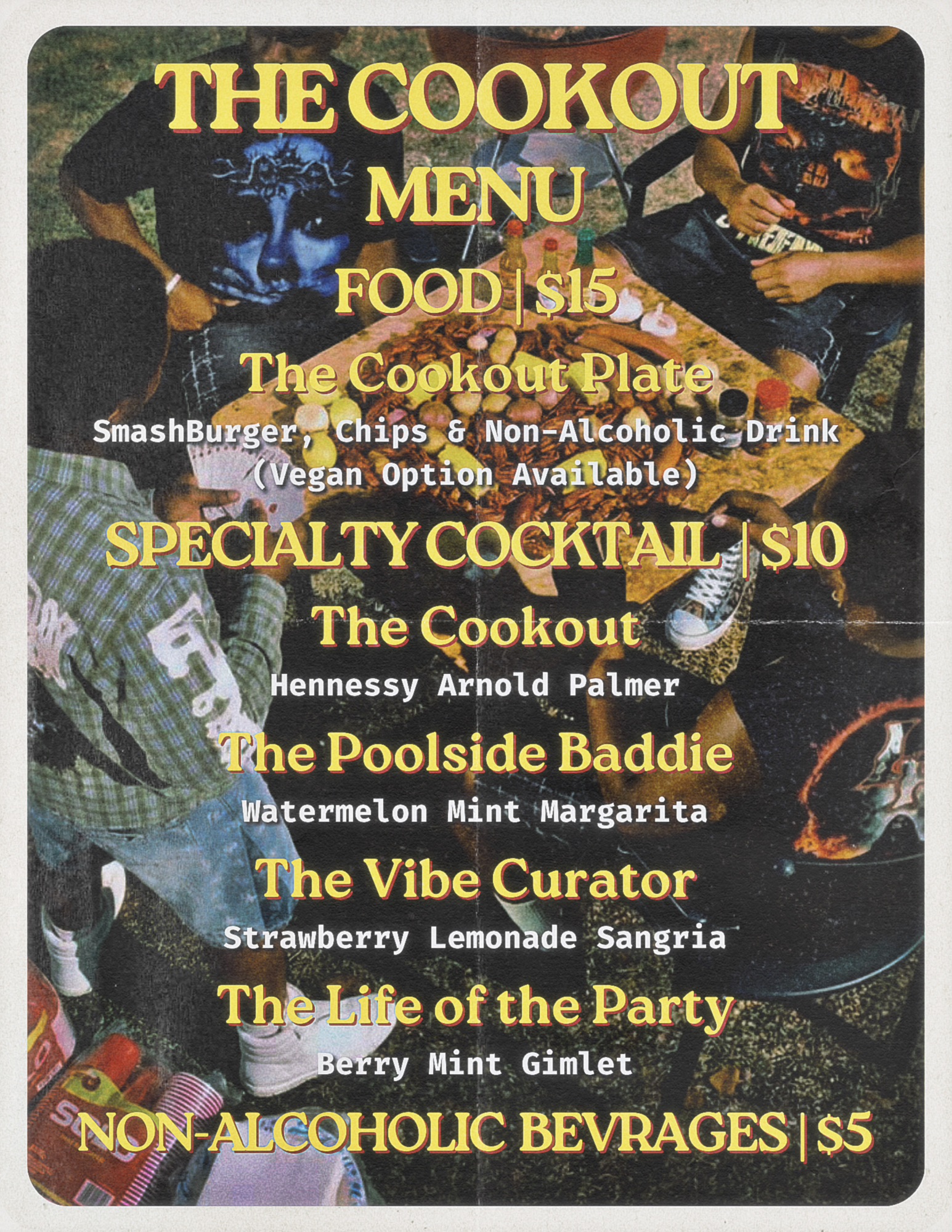 The Cookout menu with food and drinks: The Cookout Plate, four specialty cocktails, and non-alcoholic beverages, set over the event photo