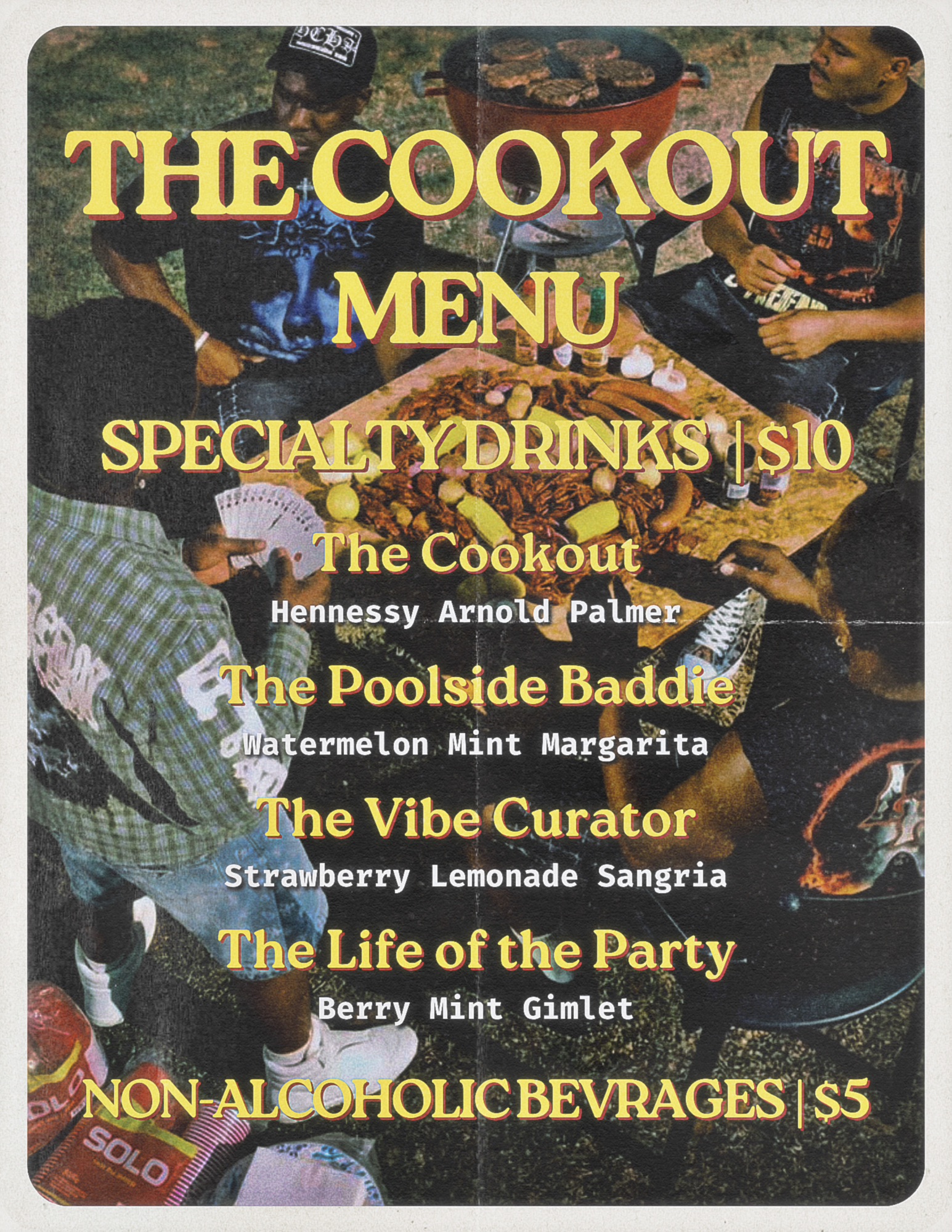 The Cookout drinks menu: four specialty drinks and non-alcoholic beverages, set over the event photo