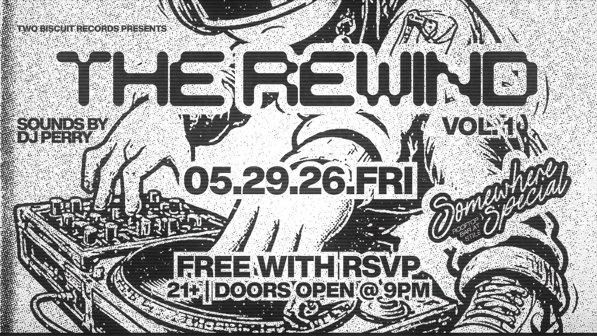 The Rewind Vol. 1 landscape graphic, the same illustration and type recomposed at 16:9