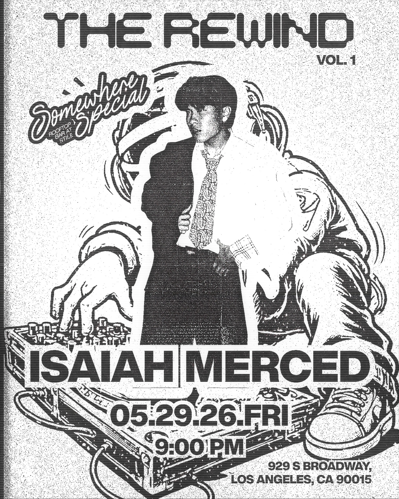 The Rewind Vol. 1 artist flyer for Isaiah Merced: a halftone portrait set into the DJ illustration, with the date 05.29.26