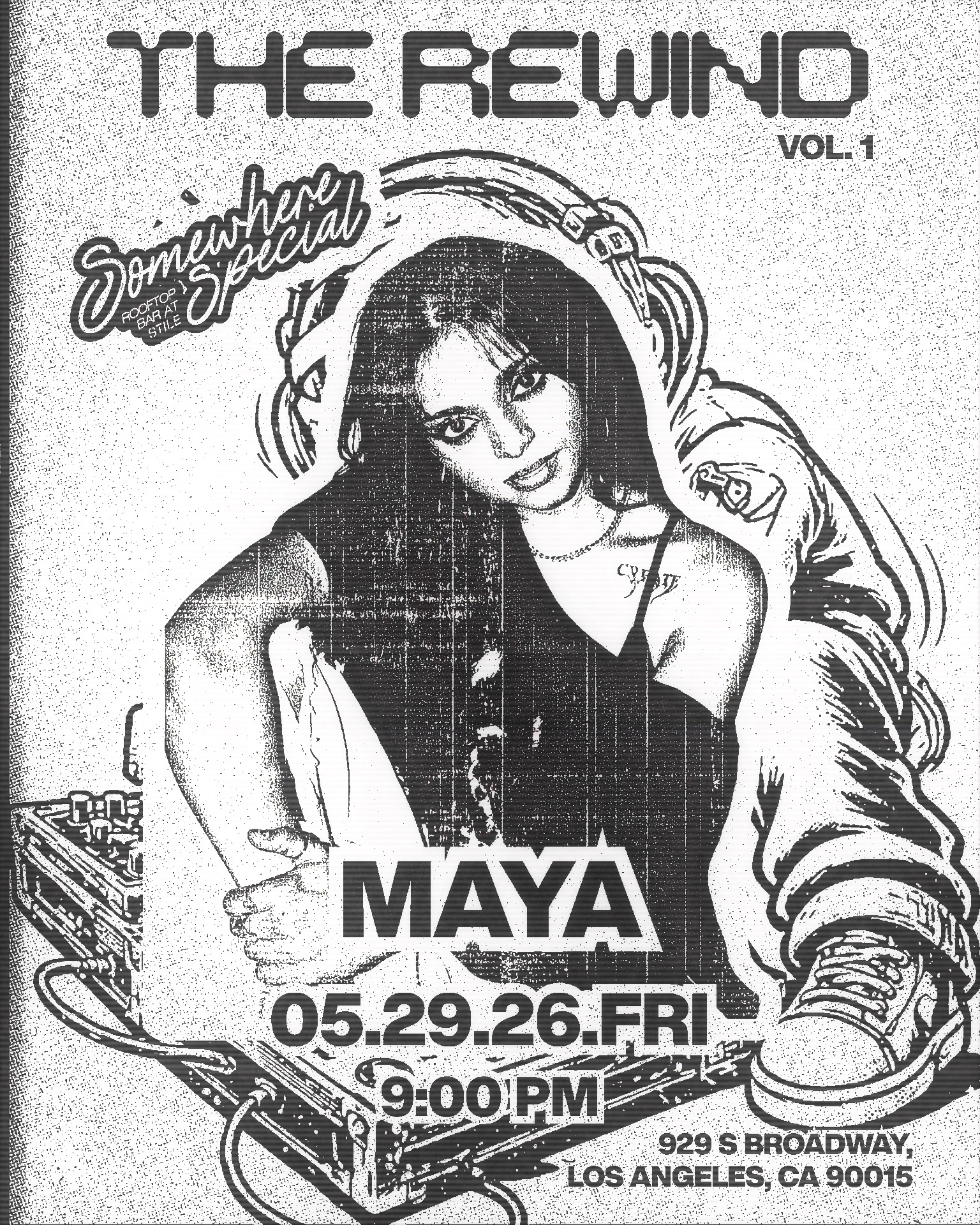 The Rewind Vol. 1 artist flyer for Maya: a halftone portrait set into the DJ illustration, with the date 05.29.26