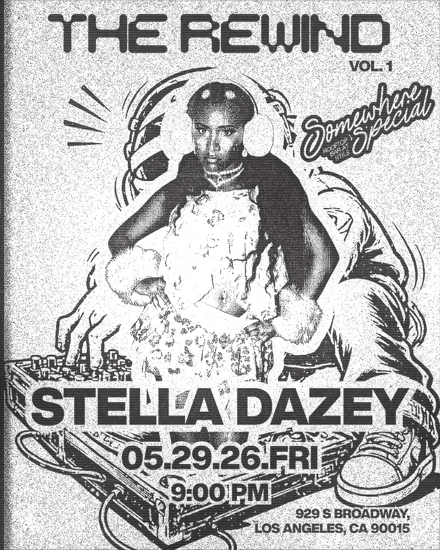 The Rewind Vol. 1 artist flyer for Stella Dazey: a halftone portrait set into the DJ illustration, with the date 05.29.26
