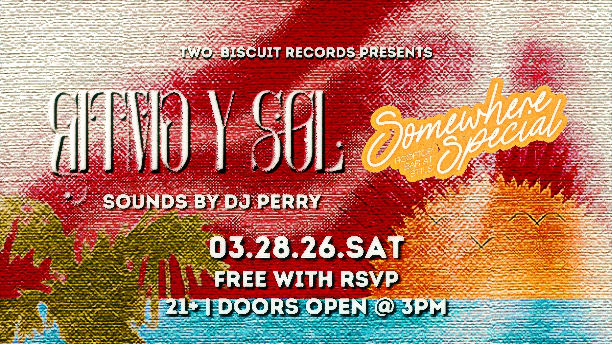 Ritmo y Sol landscape graphic: the painted red, orange and turquoise beach scene recomposed at 16:9
