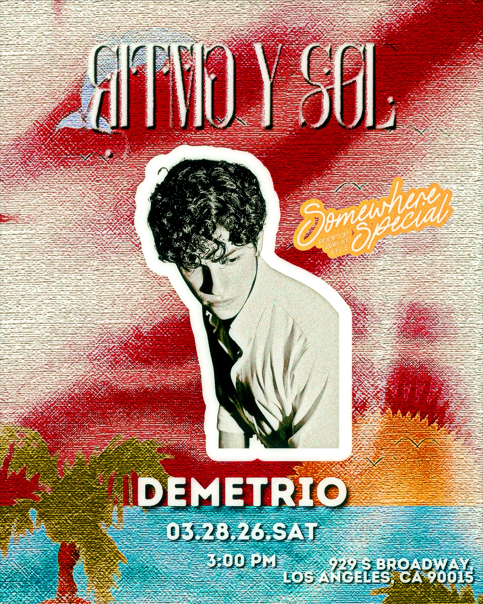 Ritmo y Sol artist flyer for Demetrio: a black-and-white cut-out portrait over the painted beach artwork, with the date 03.28.26