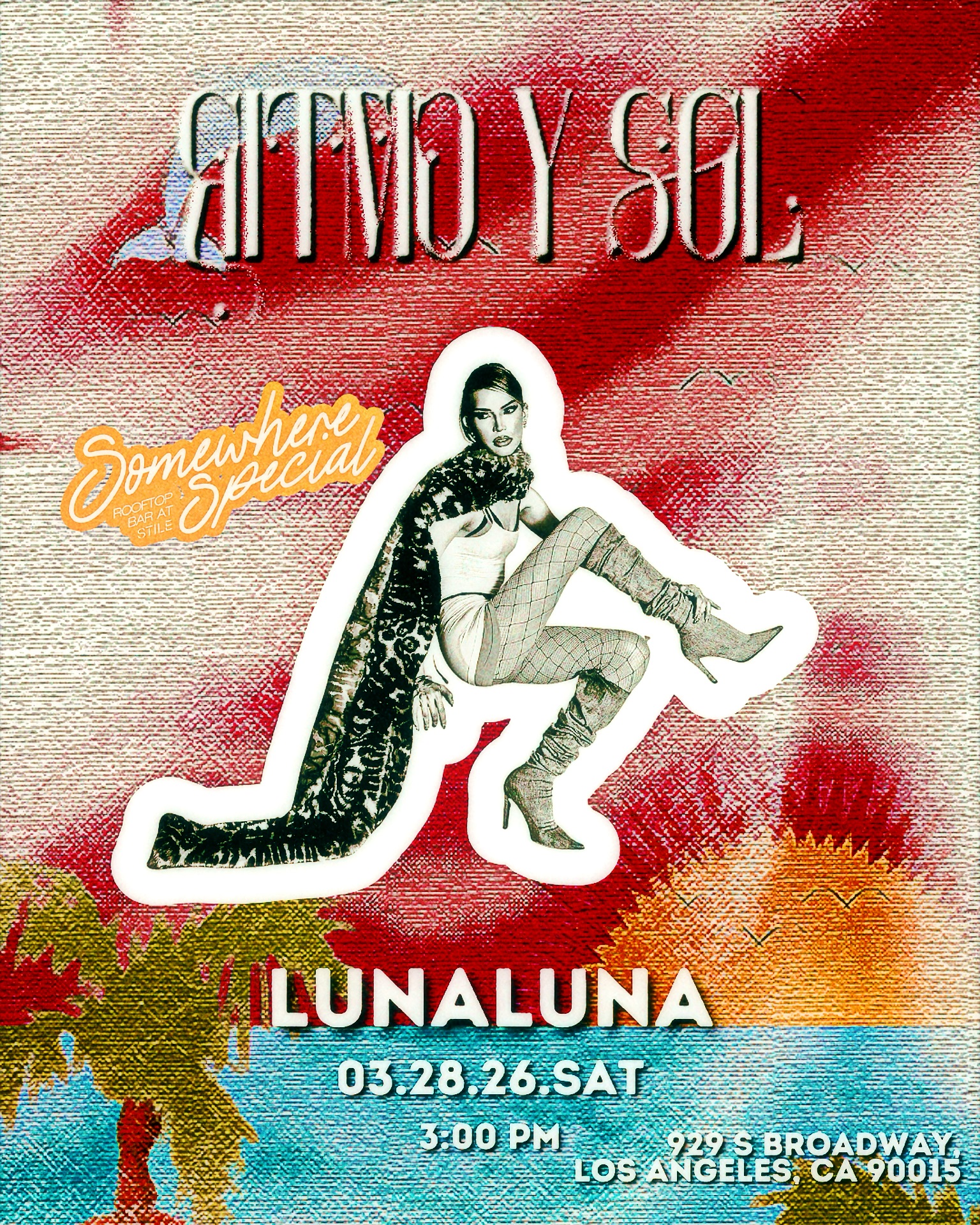 Ritmo y Sol artist flyer for Lunaluna: a black-and-white cut-out portrait over the painted beach artwork, with the date 03.28.26