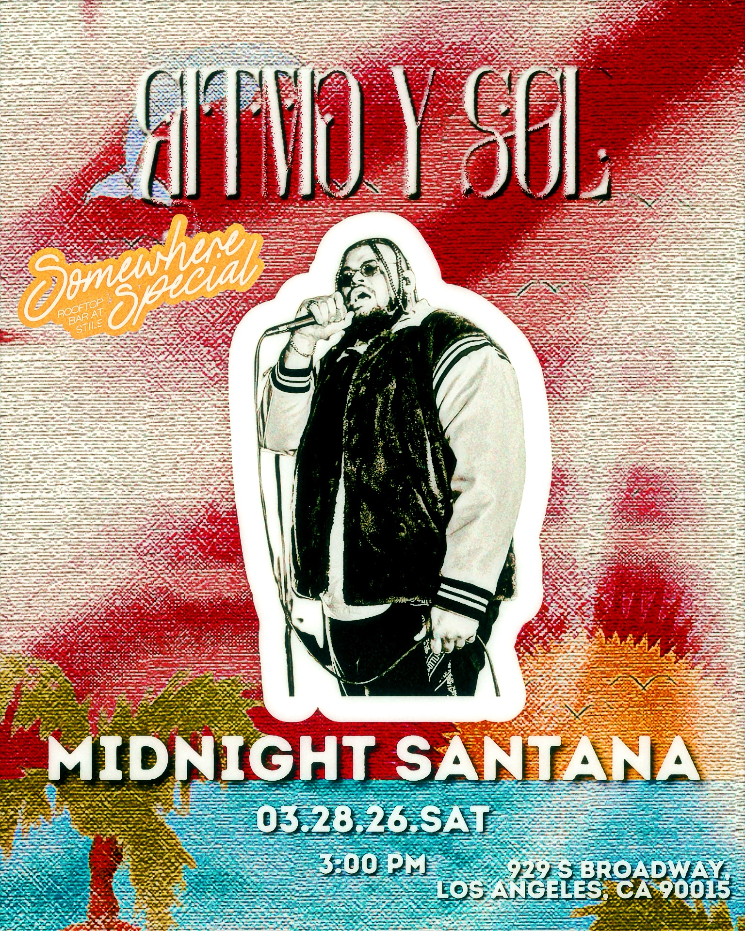 Ritmo y Sol artist flyer for Midnight Santana: a black-and-white cut-out portrait over the painted beach artwork, with the date 03.28.26