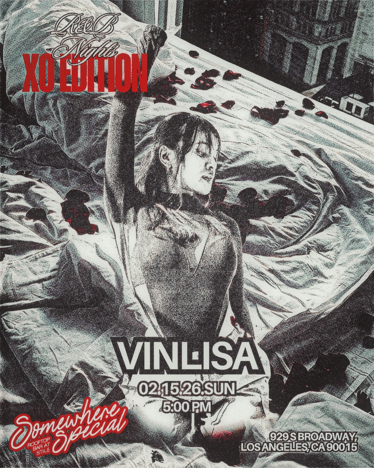 R&B Nights: XO Edition artist flyer for Vinlisa: a grainy black-and-white portrait among sheets and rose petals, with the date 02.15.26